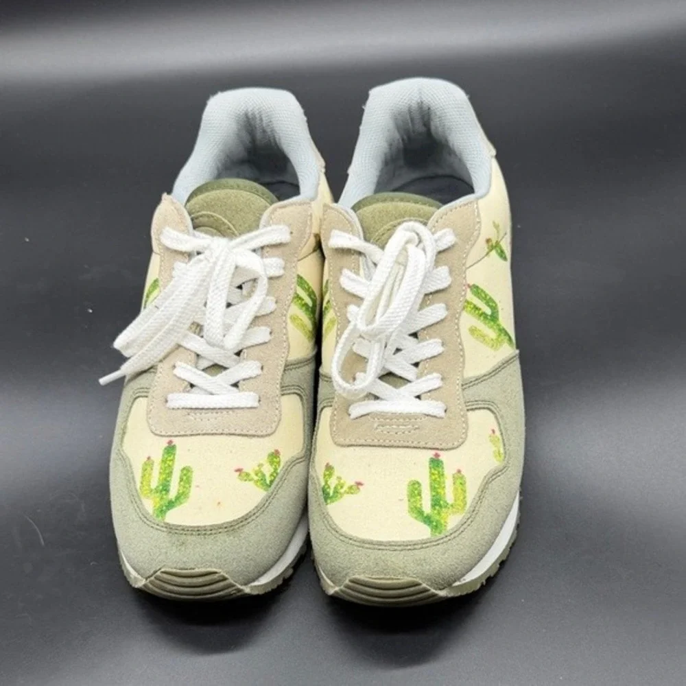 INKKAS Cactus‎ Print Sneakers Women Size 7 US Women 5 US Men Green Tan Lace Up